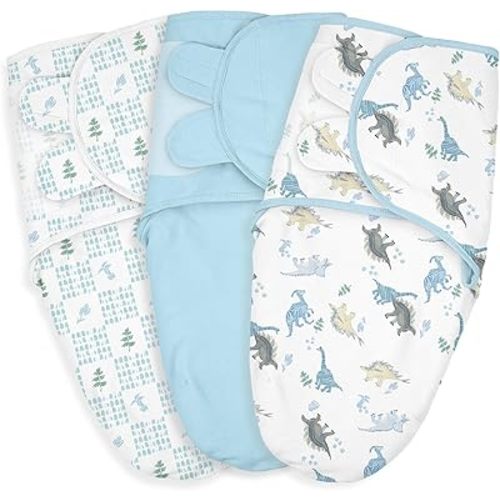 Baby Swaddle Sacks, 3-Pack Newborn Organic Cotton Swaddle Wrap, Adjustable Swaddling Blankets, Nursery Swaddling Essentials for Newborn 0-3 Months, Infant Shower Items Gift (Dinosaur & Forest)