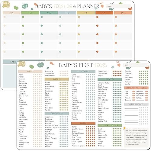 2 Pack Baby First Food Checklist, Baby Led Weaning Supplies, First Foods Tracker Fridge Magnet & Daily Food Log Meal Planner, 12"x8" Dry Erase Nutrition Poster, 101 Foods Before 1 Checklist Magnet