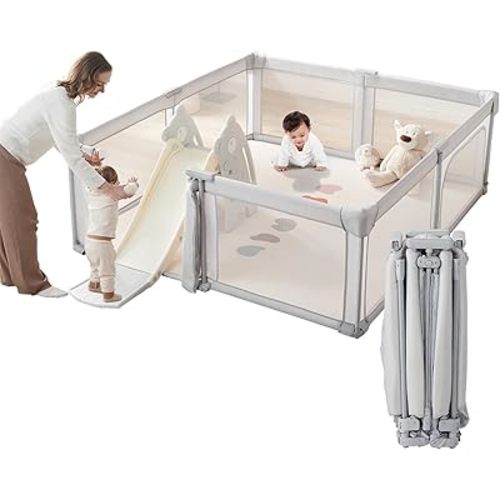 Baby Playpen with Door 71x71 Inch, Foldable Playpen for Babies and Toddlers, Packable and Easy Setup Baby Playard, Baby Fence Play Pen for Indoor & Outdoor, Light Grey