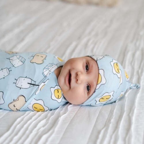 Blue Breakfast Buddies Swaddle + Hat Set