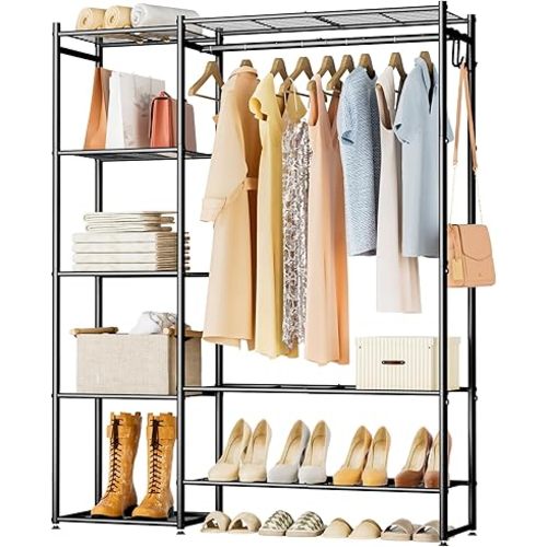 Wardrobe Closet, Portable Clothing Rack for Hanging Clothes, Free Standing Closet Organizers and Storage System with 4 Tiers Shelves for Cloakroom Bedroom, Black