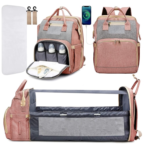 KABAQOO Pink Diaper Bag Backpack Baby Bag with Changing Station Newborn Essentials Must Haves