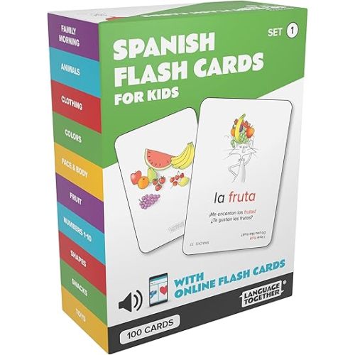 Spanish Flash Cards for Kids: 100 First Spanish Words with Online Audio - Learn Colors, Shapes, Numbers 1-10, Animals and More Beginner, Everyday Words - 100 Cards