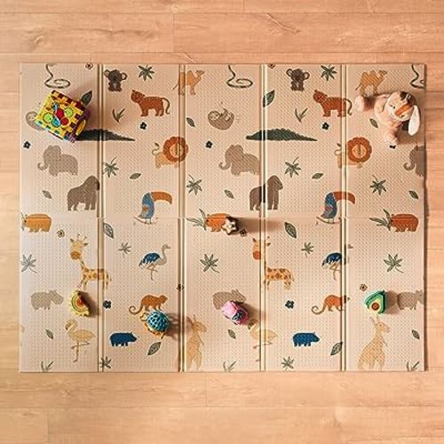 Nuby Reversible Baby Floor Mat - Foldable and Lightweight Baby Play Mat for Floor - Easy Storage and Travel - Safari (Pack of 1)