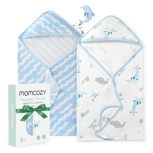 Momcozy Baby Towel with Hooded-Original Design Baby Towel Set -Soft & Absorbent- Shower Gifts or Bath Essential for Infant, Newborn, Toddler, Marine Sea Whale Seal Waves Magic