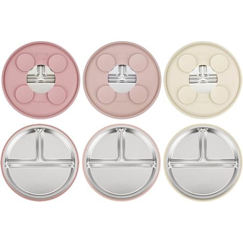 PandaEar 3 Pack Stainless Steel Baby Suction Plates, Divided Toddler Plate for Baby Led Weaning Supplies, Non-Slip Toddler Baby Feeding Set Dishwasher Safe (Pink/Linen/Light Pink)