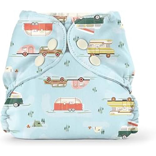 Esembly Cloth Diaper Outer, Waterproof Swim Cloth Diaper Cover, Leak-Proof and Breathable Layer Over Prefolds, Flats or Fitteds, Reusable with Snap Closure - Size 2, Vintage Campers