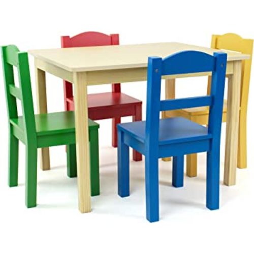 Humble Crew Collection Kids Wood Table & 4 Chair Set, Natural/Primary
