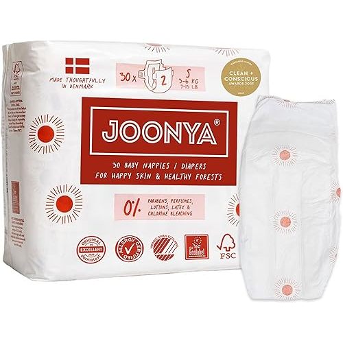 Joonya Baby Diapers, Size 2 S (7-13 lb) - 1 Bag of 30 - New Range - NonToxic, Eco-Friendly, Ultra Slim, Overnight Use - Made in Denmark