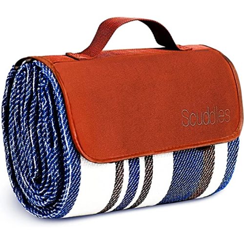 Extra Large Picnic & Outdoor Blanket Dual Layers for Outdoor Water-Resistant Handy Mat Tote Spring Summer Blue and White Striped Great for The Beach