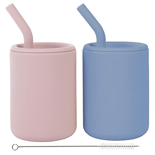 WeeSprout Silicone Baby Cups With Straws and Lids, 4 & 8 oz Options, Set of 2, Food Grade Toddler Training Container, Built In Straw Stoppers, Measurement Markings, Dishwasher Safe + Straw Cleaner