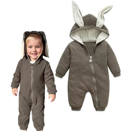 Simplee kids Animal Bunny Baby Easter Romper Long Ear Rabbit Hoodie Romper Jumpsuit with Zipper