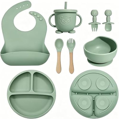 Silicone Baby Feeding Set 8 Pcs, Baby Led Weaning Supplies with Suction Plates & Bowls, Adjustable Bib, Baby Utensils Spoons and Forks, Sippy Cup, BPA-Free First Stage Eating Essentials (Green)