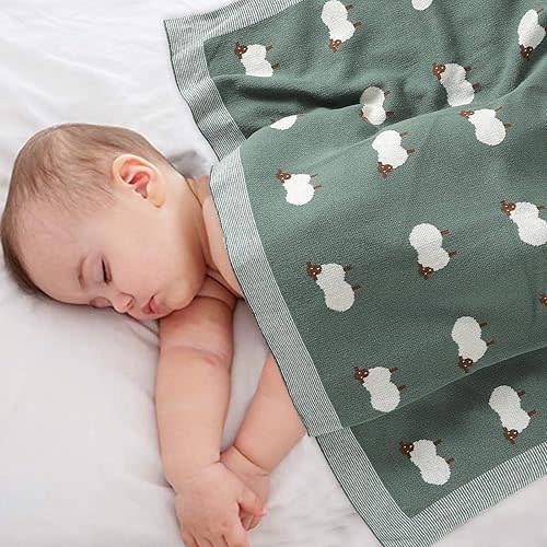 mimixiong Baby Blanket Knit 100% Cotton Toddler Blankets for Boys and Girls with Cute Sheep Size 30 x 40 inches (Dark Green, 30x40 Inch (Pack of 1))