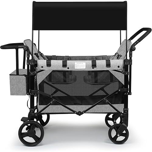 VOOI Stroller Wagon 4 Seater, Wagon for Kids, Collapsible W4 Stroller with Seats with 5-Point Harnesses, Easy Access Zipper Door, and Removable Sun Canopy (Grey, W4-Large)