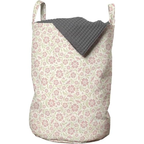 Ambesonne Flower Laundry Bag, Vintage Old Fashioned Floral Pattern Silhouettes Briar Shrubs Roses Retro, Hamper Basket with Handles Drawstring Closure for Laundromats, 13" x 19", Rose Pale Green White
