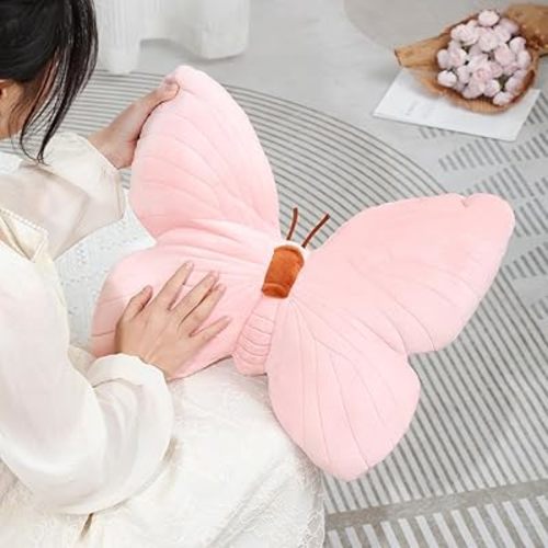 Butterfly Shaped Throw Pillow, Soft Butterfly Stuffed Seat Cushion Pad, Plush Pillow Velvet Decorative Animal Pillow for Couch Living Room Bed (Pink)