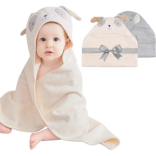 Mooreeke 2 Pack Baby Hooded Towel with Unique Animal Design Cotton Bath Towel for Babies Ultra Soft Absorbent Baby Washcloths for Newborn Essentials (Puppy & Elephant)