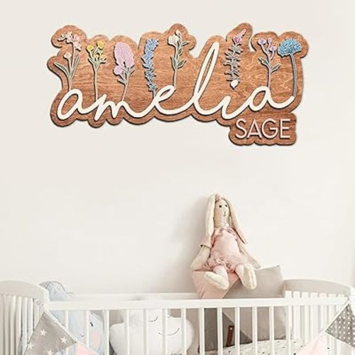 Custom Wildflowers Nursery Sign - Wooden Layered Baby Name Sign Gift