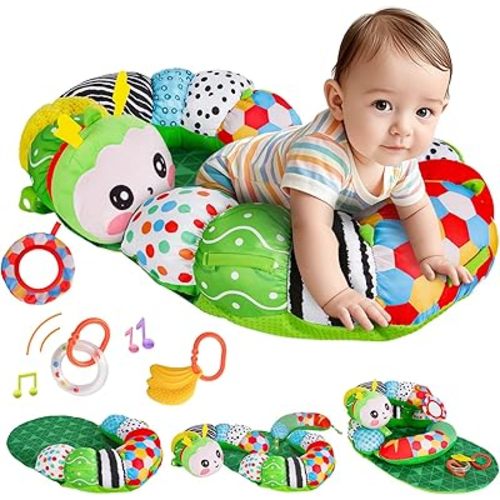 3-in-1 Tummy Time Pillow for Baby 0-6 Months, Detachable Caterpillar Tummy Time Playmat for Newborns, Soft Baby Toys 0-3-6-12 Months, Play Mat for Babies Boy Girl