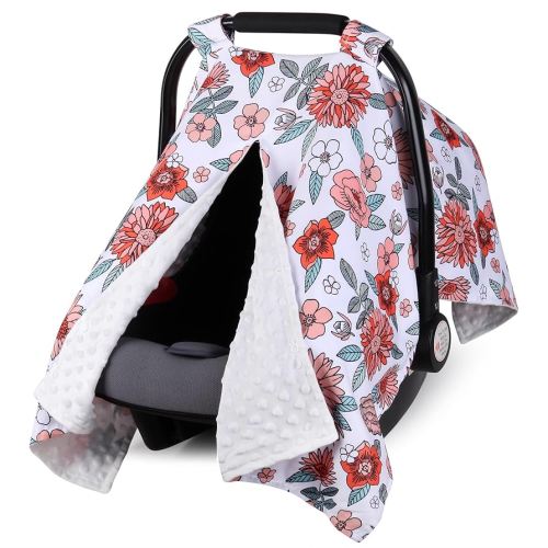Rquite Car Seat Cover Baby, Carseat Covers Baby for Girl Boy, Warm Minky Infant Car Seat Cover Winter, Peekaboo Opening Car Seat Canopy, Multi-use Baby Carrier, Stroller, Nursing Cover, Minky Blanket