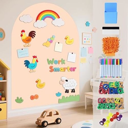 Magnetic Wall Decal for Kids Magnetic Chalkboard Decal Play Wall Milk Tea 40x32 Inch Self Adhesive Magnet Wallpaper Sticker with Letters and Color Liquid Chalk for Playroom School Home