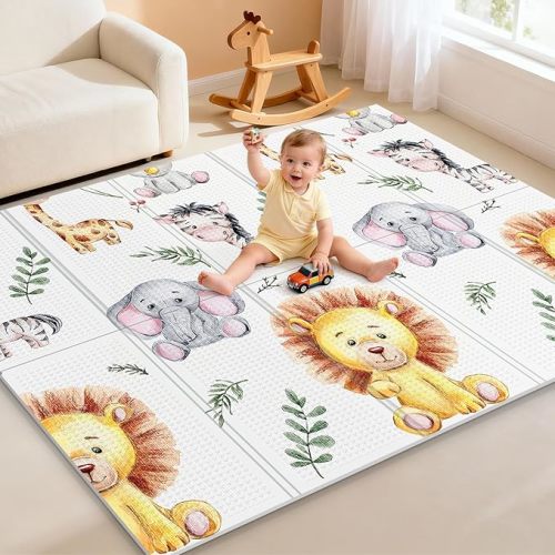 Noonkty 71x59 Foldable Baby Play Mat for Floor, Foam Playmat for Babies 0-12 Months, Kids Non Toxic Thick, Waterproof & Anti-slip Crawling Toddlers Mats, Babies Activity Tummy Time Playmat, Lion,71x59
