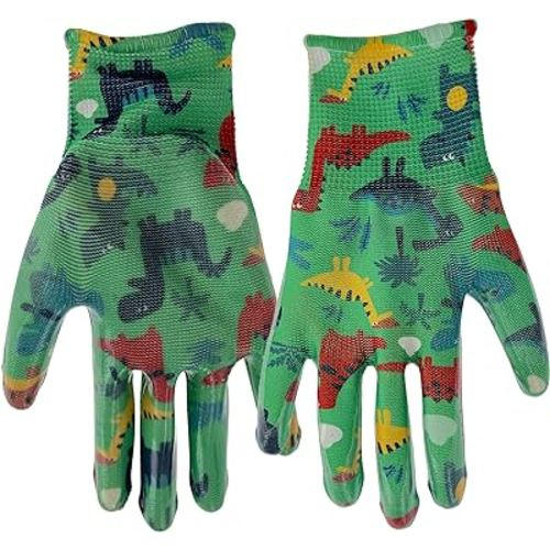Simply Kids (ages 5-8) Garden Gloves, Nitrile Coating, Lightweight, High Dexterity, Moisture Wicking, Green/Dino Pattern (MD31041M)
