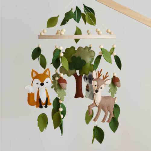 Woodland Felt Baby Mobile with Forest Animals — Fox, Deer & Raccoon - Forest Animals Crib Cot Mobile
