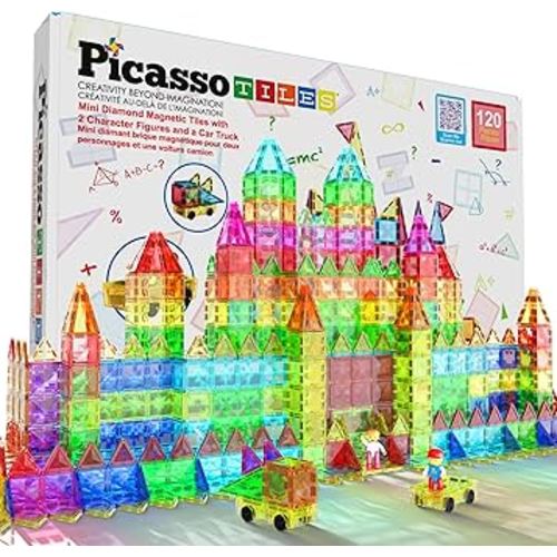 PicassoTiles 120 Pieces Magnetic Tiles Building Blocks Mini Size Diamond Series Magnet Toys Travel Size On-The-Go Construction Sensory Toys Gifts Educational Set STEM Learning Kit Playset PTM120