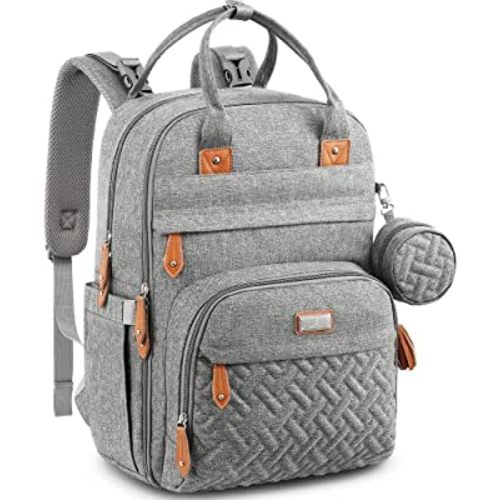 BabbleRoo Waterproof Diaper Bag Backpack - Baby Essentials Travel Tote - Multi function with Changing Pad, Stroller Straps & Pacifier Case - Unisex, Light Gray