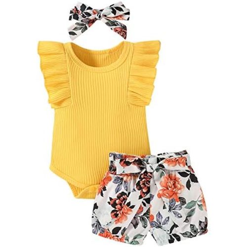 Baby Girl Clothes Infant Summer Outfits Set Ruffle Sleeve Romper Floral Pants 3PCS Bodysuit +Shorts +Headband