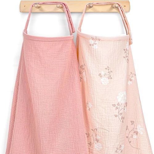2 Pack Muslin Cotton Nursing Cover for Breastfeeding, Privacy Breathable Breastfeeding Cover Cover up with Arch Neckline for Mom, 100% Cotton Nursing Apron, Floral and Pink