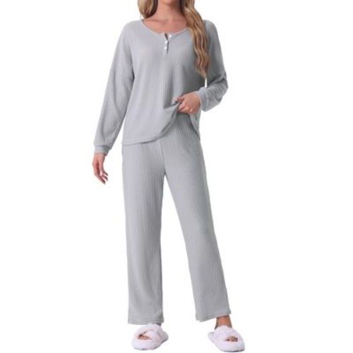 cheibear Women's Waffle Knit Lounge Sweatsuit Sets Long Sleeve Shirt and Pants Pajama Set