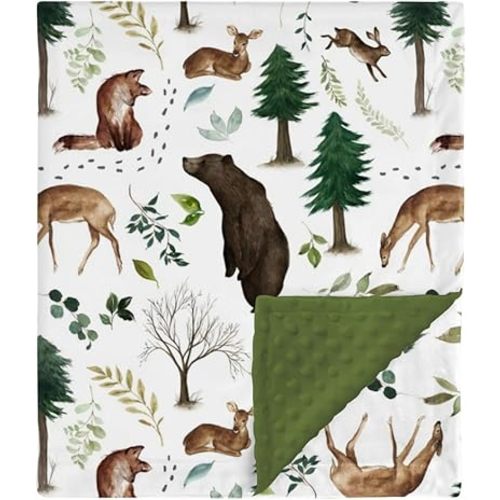 HawSkgFub Woodland Animal Mink Baby Blanket with Dotted Backing Boy Girl Gift, Green Forest Bear Fox Deer Double Layer Nursery Bed Blankets, Soft Plush Newborn Infant Toddler Kid Crib Bedding 30 x 40