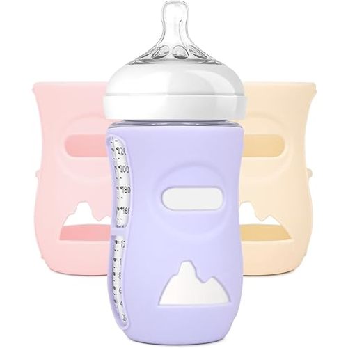 3 Pack Silicone Sleeves for Avent Natural Glass Baby Bottles, Protection and Insulation, Baby Bottle Sleeve Compatible with Avent Glass Bottles 8 oz, Dishwasher Safe (Pink+Purple+ Beige)