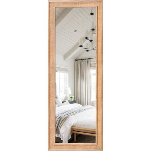 Rattan Full Length Mirror 18"x48" Long Mirror Wood Framed Large Hanging Wall Mounted Mirror Full Body Mirror Decorative Rectangle Floor Mirror Leaning Against Wall for Bedroom Living Room