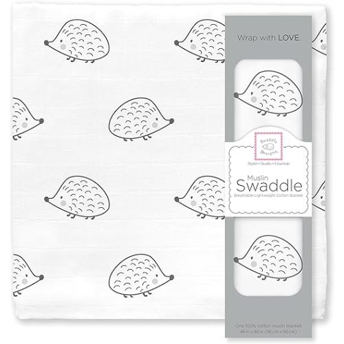 SwaddleDesigns Cotton Muslin Swaddle Blanket, Receiving Blanket for Boys & Girls, Best Shower Gift, 46x46 inches, Black Hedgehog