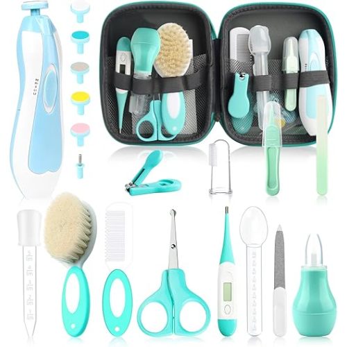 Baby Grooming Kit, Electric Safety Nail Trimmer Baby Nursery Kit,Infant Safety Care Set with Hair Brush Comb Nail Clipper Nasal Aspirator,Baby Essentials Kit for Newborn Girls Boys (25 Pc Green Kit)