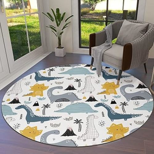Large Round Dinosaur Area Rug 6ft for Kids Nursery Room Boys & Girls Room Cartoon Cute Rugs Soft Shag Carpet Non-Shedding Rug Non-Slip Playing Mat for Boys and Girls Room Bedroom Washable Circle Rug