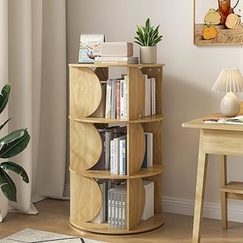 3 Tier Rotating Bookshelf,360 Display Small Corner Bookcase Tower,Floor Standing Kids Rotating Bookshelf Organizer for Living Room Bedroom Small Space (Oak)