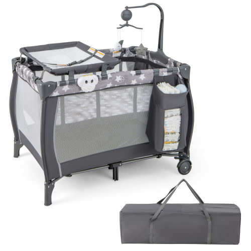 Kepooman Baby Playpen, Kids Activity Centre Safety Play Yard,Portable Baby Playard with Changing Table Bassinet and Music Box-Gray