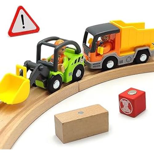 Wooden Train Cars Track Accessories Set Digger and Dump Truck Small Vehicles Magnetic Train Cars Fit for Wooden Train Track Railway for Boys and Girls (Construction Set)