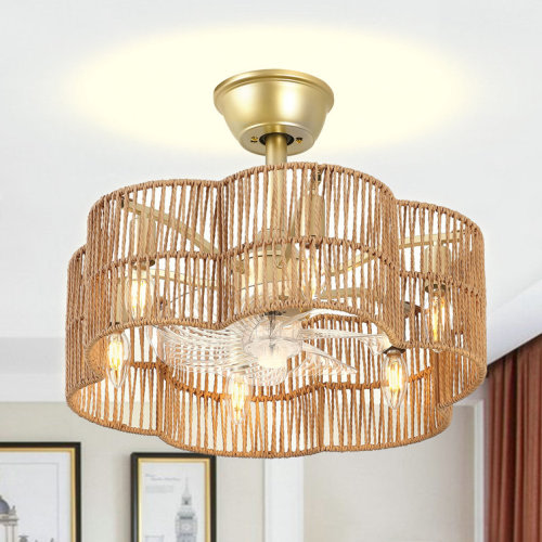 19.7" Hand-Woven Rattan Ceiling Fan with Remote and Light