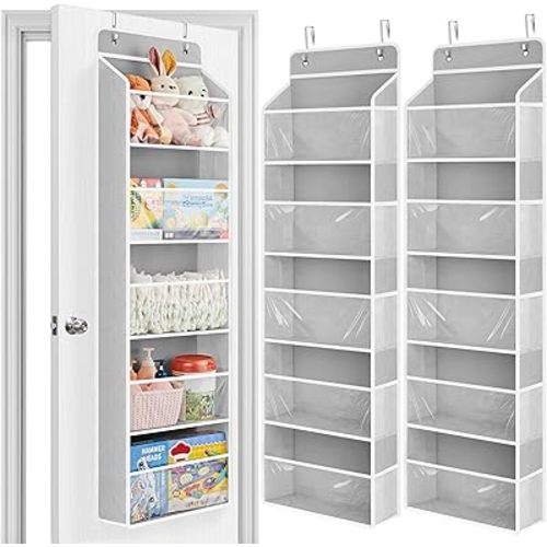 JARLINK 2 Pack Toy Stuffed Animal Storage, Over The Door Organizer W/Clear View Windows, 44lb Load, Baby Toy Storage Organizer for Nursery, Kid Bedroom, Newborn Baby Essentials (Light Grey)