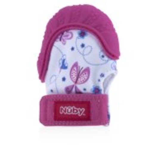 Nuby Soothing Teething Mitten with Hygienic Travel Bag, Pink Butterfly