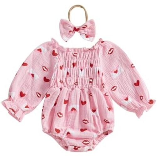 Amiblvowa Baby Girl Valentines Day Outfit Embroidery Love Heart Smocked Bubble Romper Bodysuit Cute Infant Newborn Clothes
