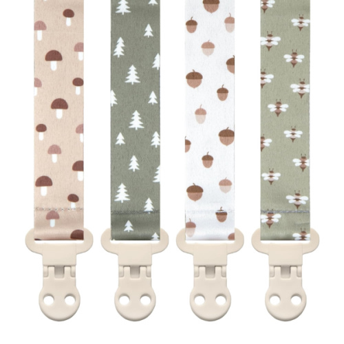 Baby Pacifier Clip Holder - Girl or Boy Unisex 4 Pack Gift Set – Woodland Mushrooms Bees Neutral Green Beige (Forest)
