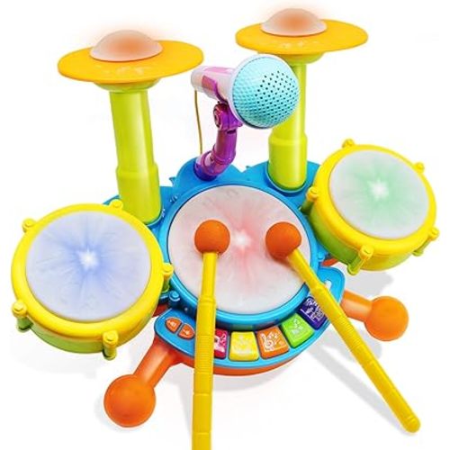 Drum Set for Kids with 2 Drum Sticks and Microphone, Musical Toys Gift for Toddlers…