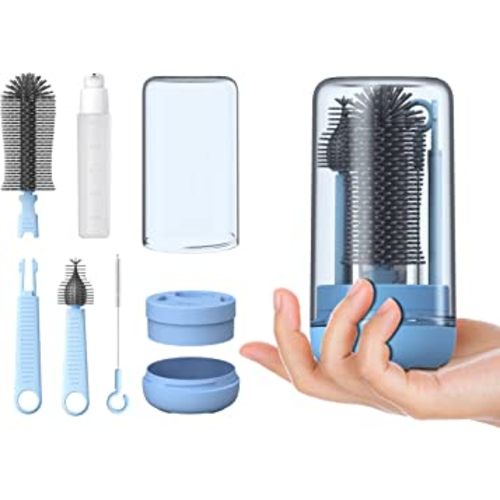 Travel Bottle Cleaner Kit with Stand, Baby Bottle Brush Set for Baby Travel Essentials, Blue